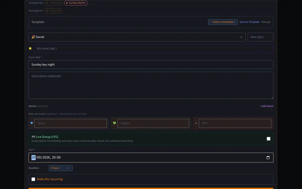 Creating an event for a team: the group picker, the title and the time.