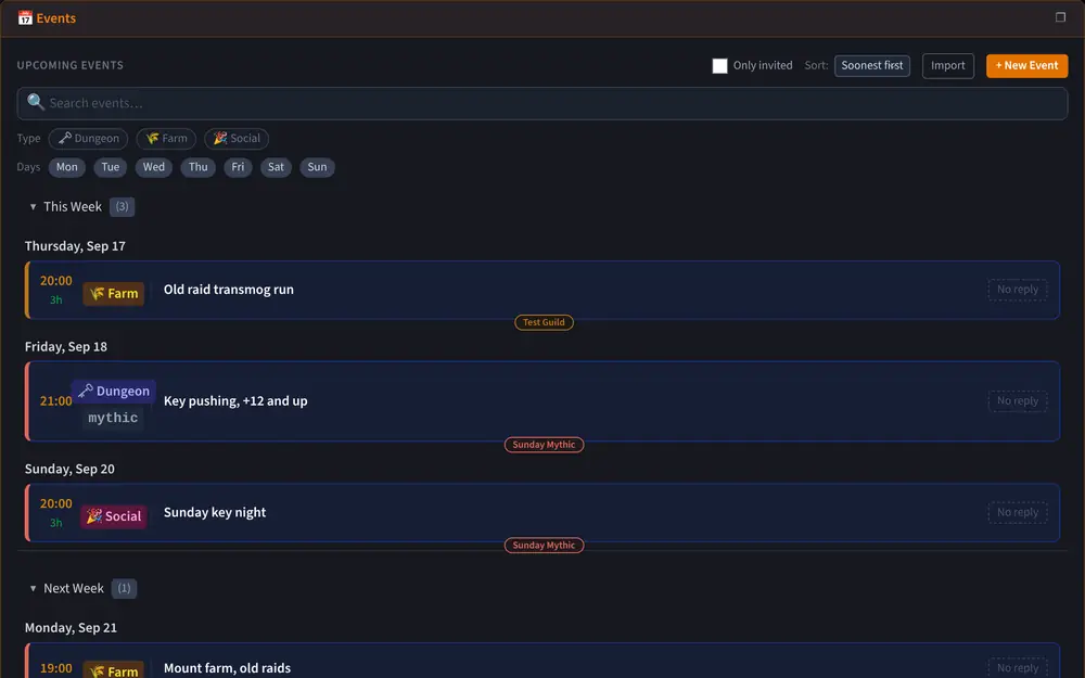 The events list, each event marked with the group it belongs to.